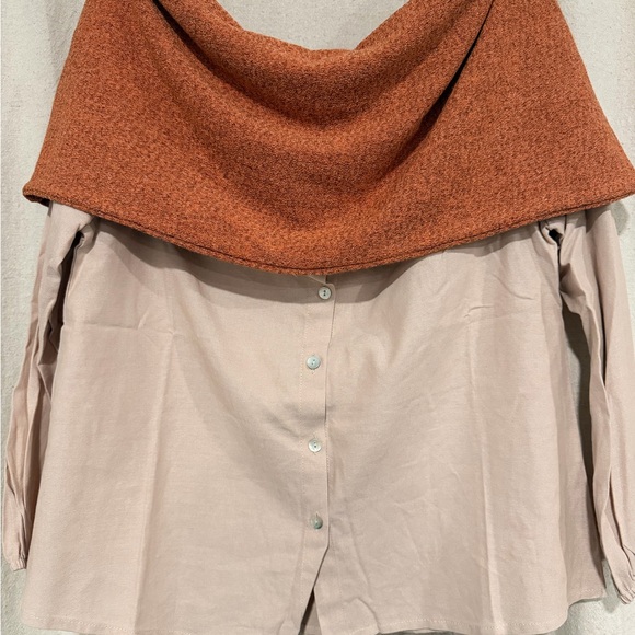 Hayden Los Angeles Sweaters - Off Shoulder Colorblock Blouse Draped Knit Top Beige Rust Long Sleeve Boho Chic